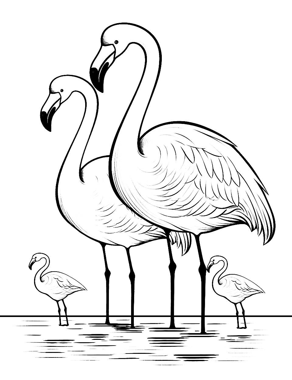 Flamingo Family Outing Coloring Page - A heartwarming scene showing a family of flamingos, with both parents and chicks, strolling together.