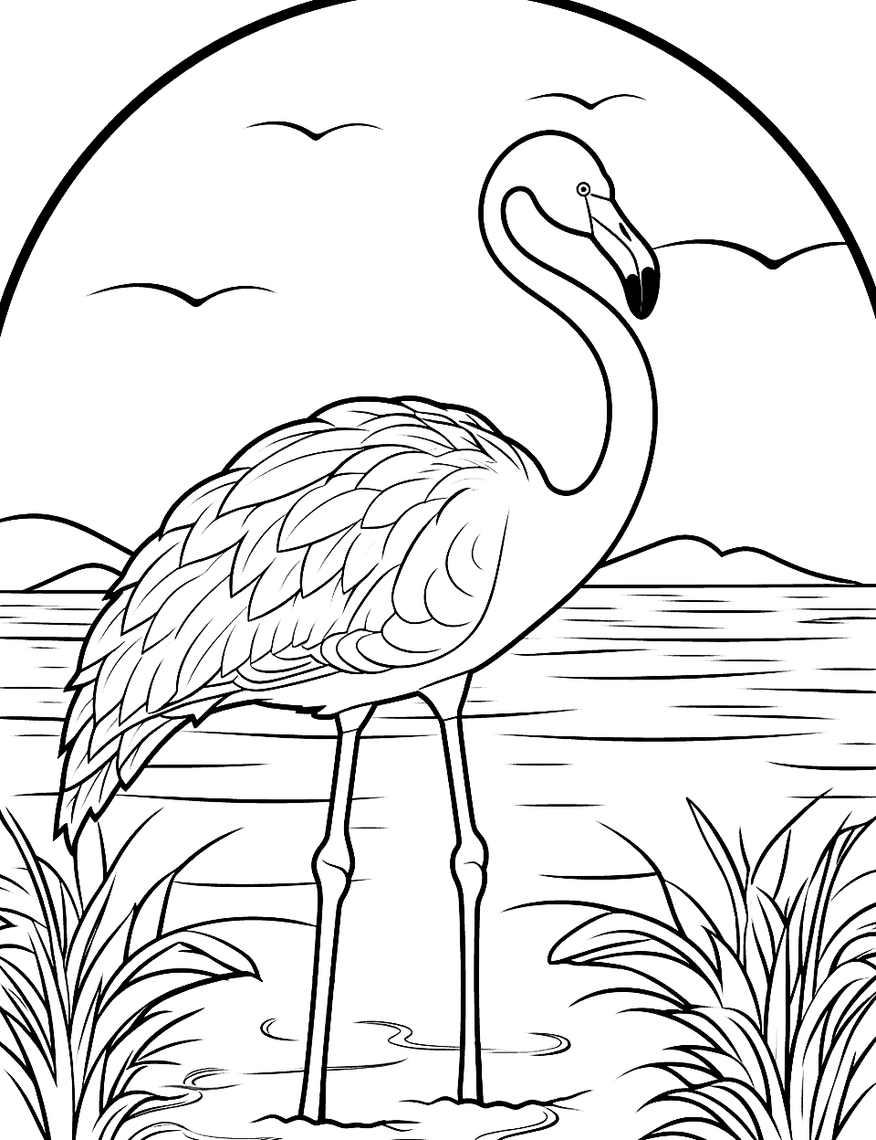 Flamingo at Sunset Coloring Page - A picturesque scene of a flamingo against the backdrop of a beautiful sunset over the water.