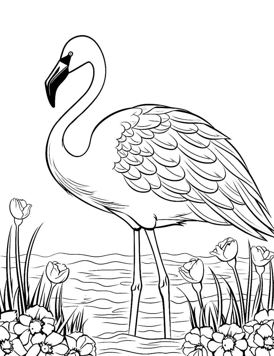 Garden Flamingo Among Flowers Coloring Page - A flamingo standing elegantly in a garden full of various flowers and plants.