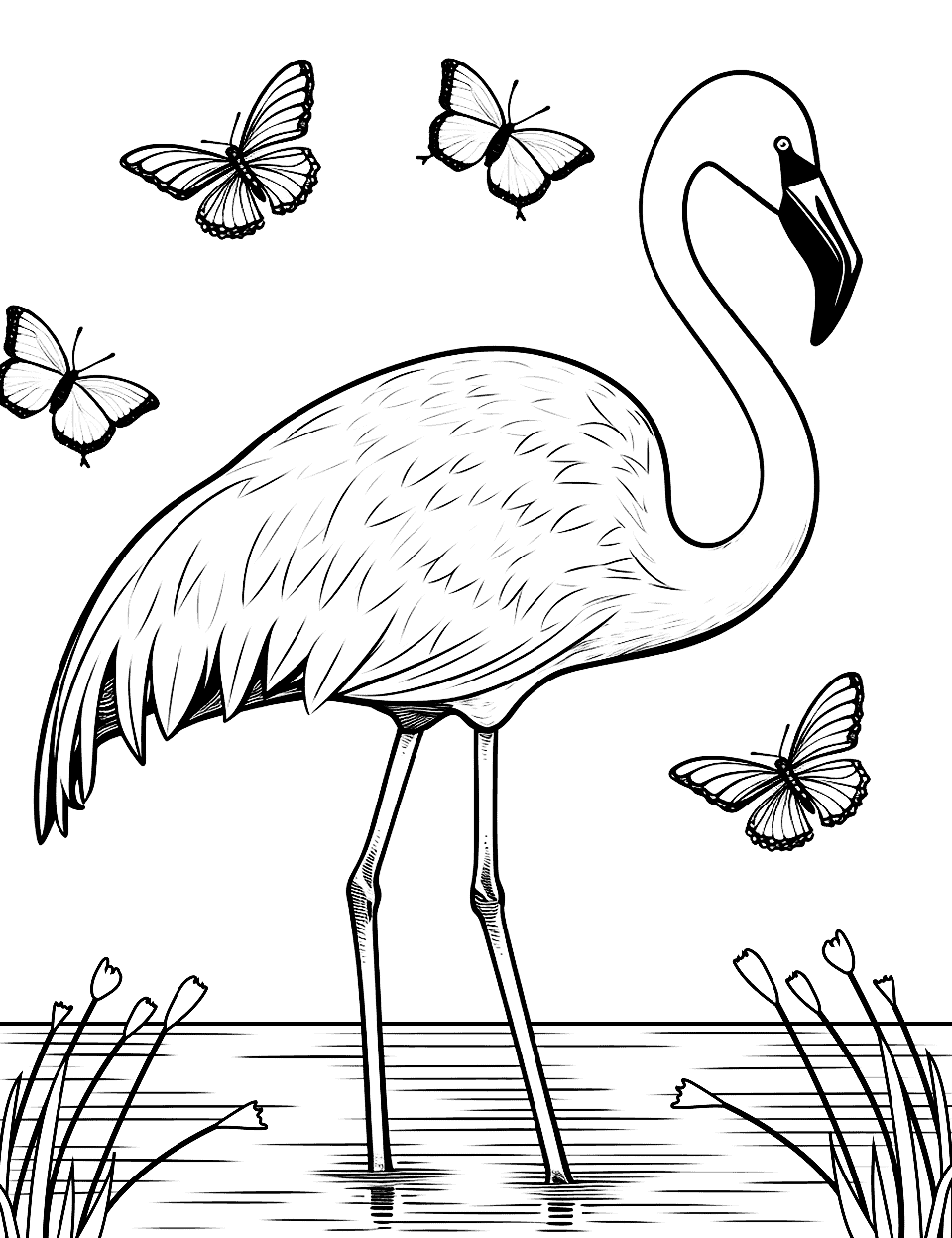 Flamingo and the Butterflies Coloring Page - A charming scene of a flamingo among playful butterflies fluttering around.