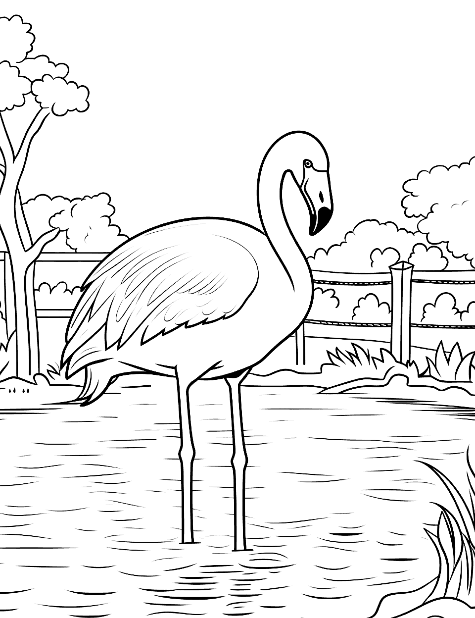 Flamingo at the Zoo Coloring Page - A simple scene of a flamingo in a zoo setting, with a fence and perhaps a small pond.