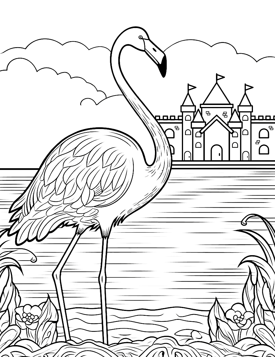 Mythical Flamingo in a Fantasy Land Coloring Page - A whimsical scene featuring a flamingo in a fantasy setting, with castles and clouds in the background.