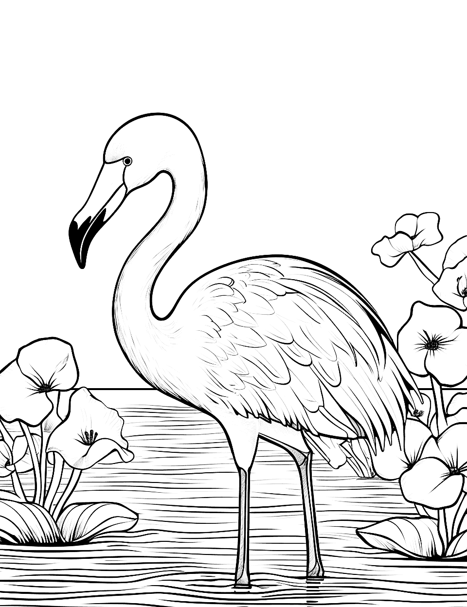 Flamingo and the Giant Flower Coloring Page - A beautiful scene of a flamingo standing next to a pond with giant flowers in water.