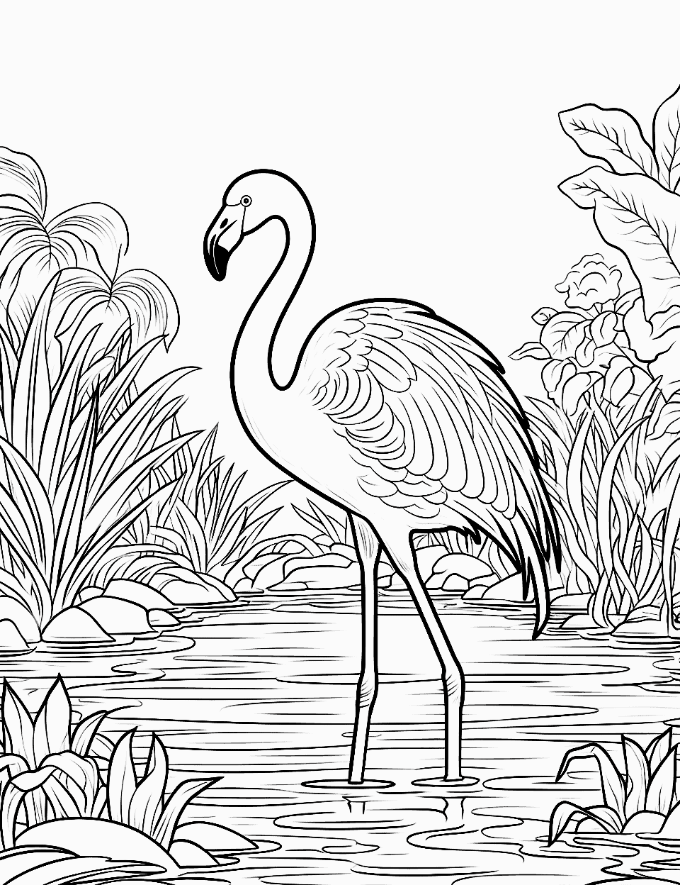 Flamingo in the Rainforest Coloring Page - A lush, green scene of a flamingo in a dense rainforest with tropical plants.