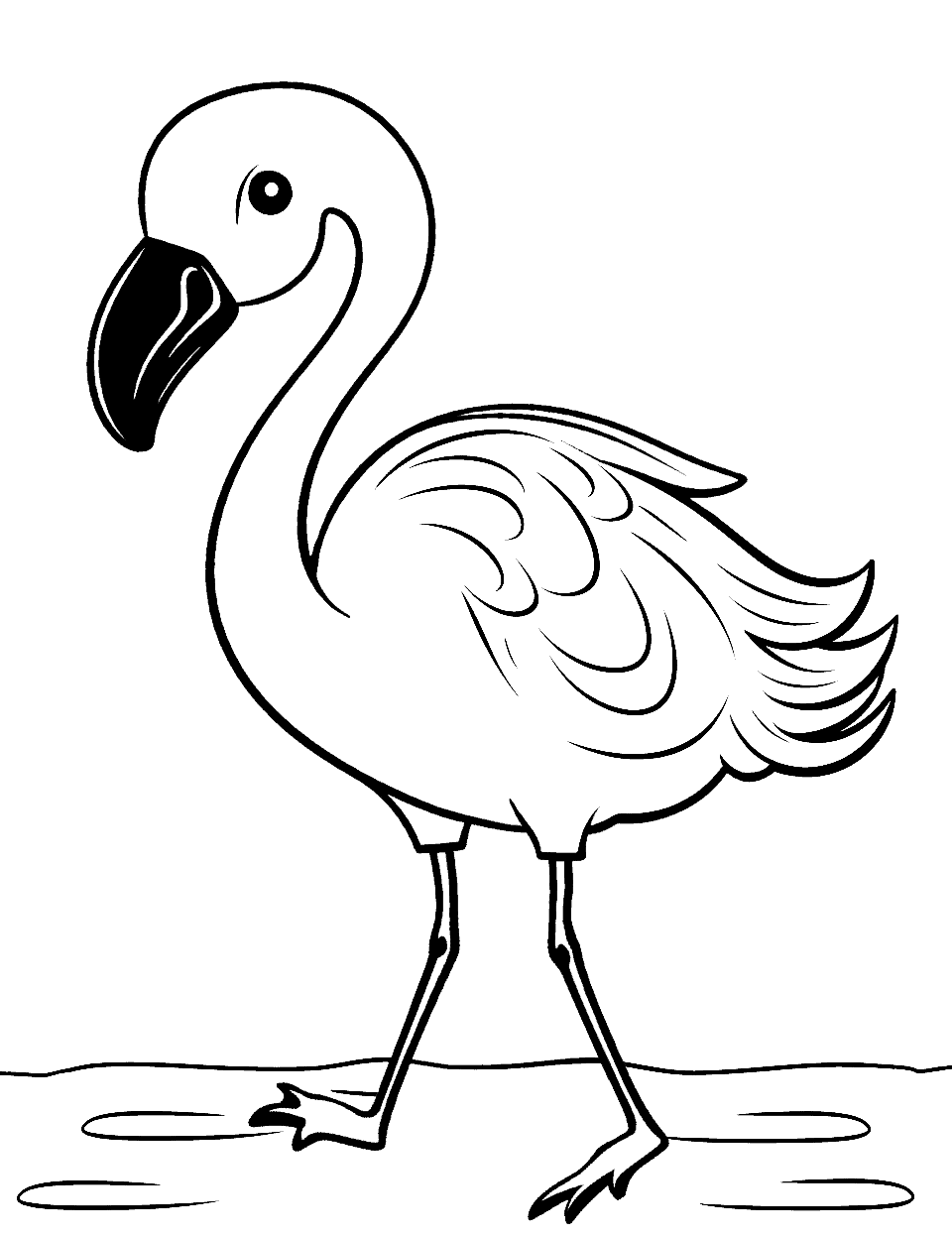 Baby Flamingo Learning to Walk Coloring Page - A baby flamingo awkwardly trying to walk, with fluffy feathers and a curious expression.