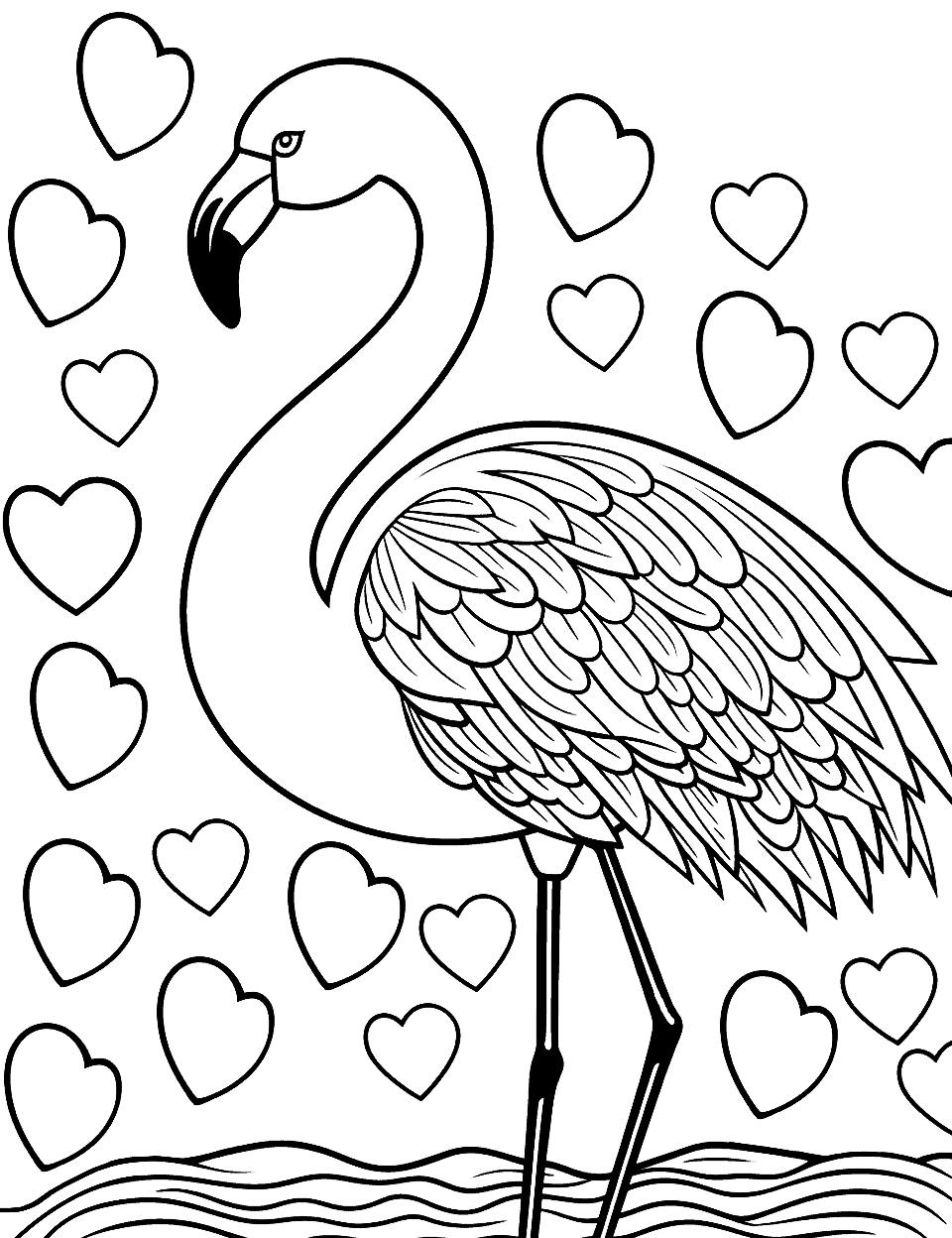 Flamingo with Heart Shapes Coloring Page - A flamingo surrounded by heart shapes, ideal for Valentine’s Day-themed coloring.