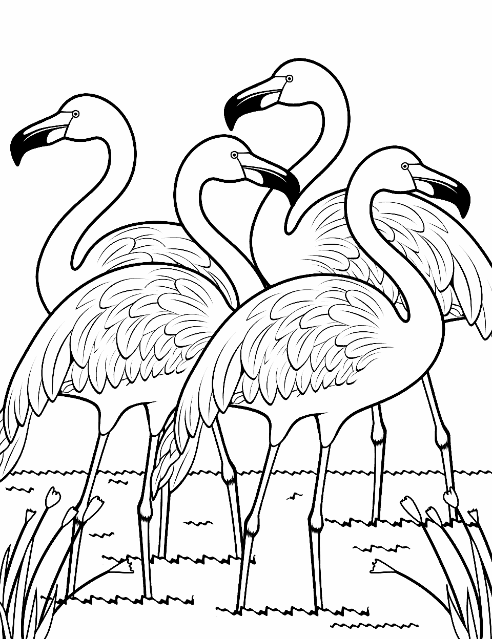 Pink Flamingo Party Coloring Page - Several pink flamingos together creating a fun and vibrant scene for coloring.