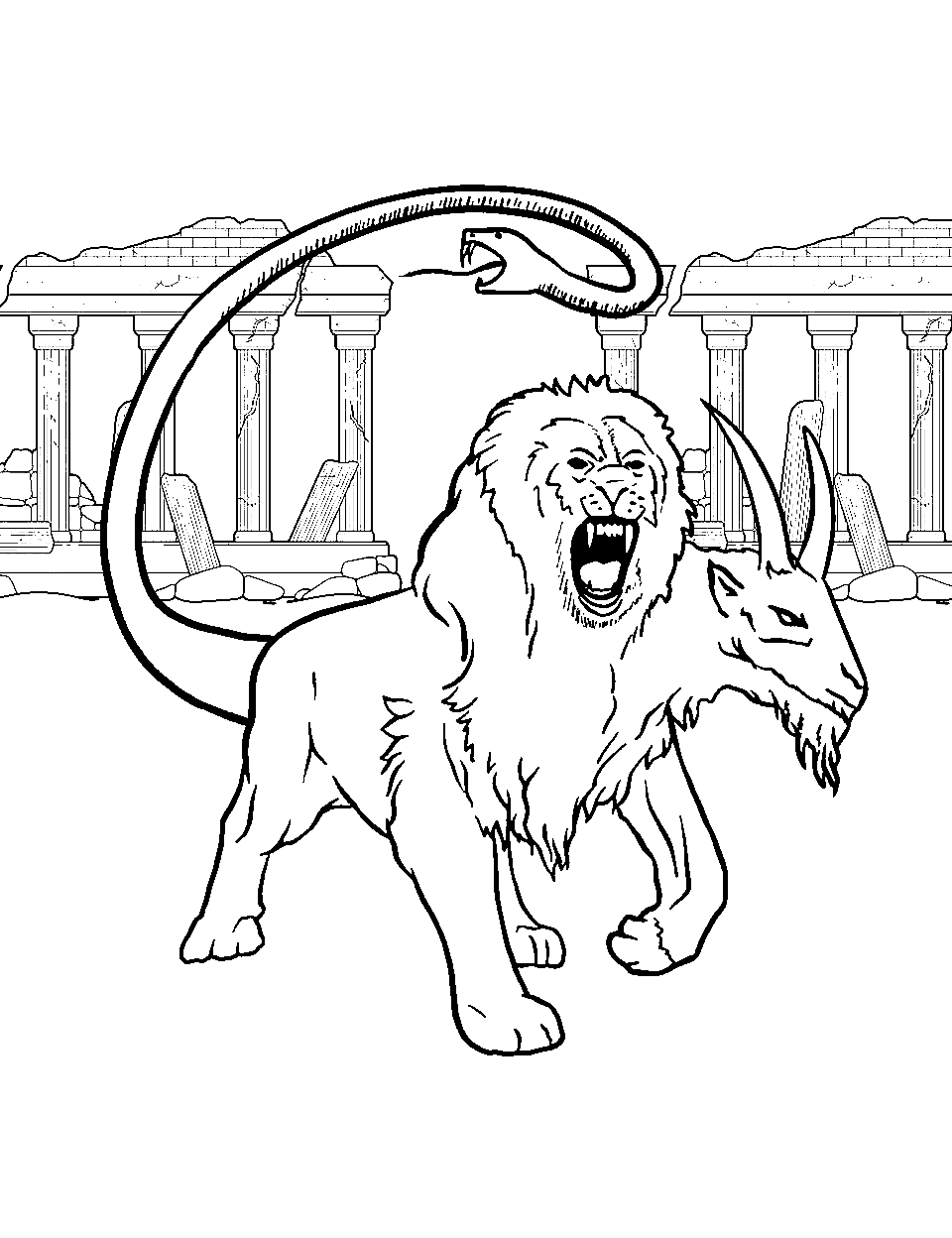 Greek Chimera Monster Coloring Page - A mythical Chimera standing in front of ancient Greek ruins.