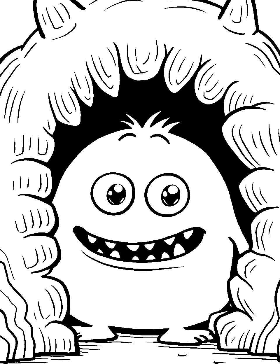 Monster in a Cave Coloring Page - A small monster peering out from its cave.