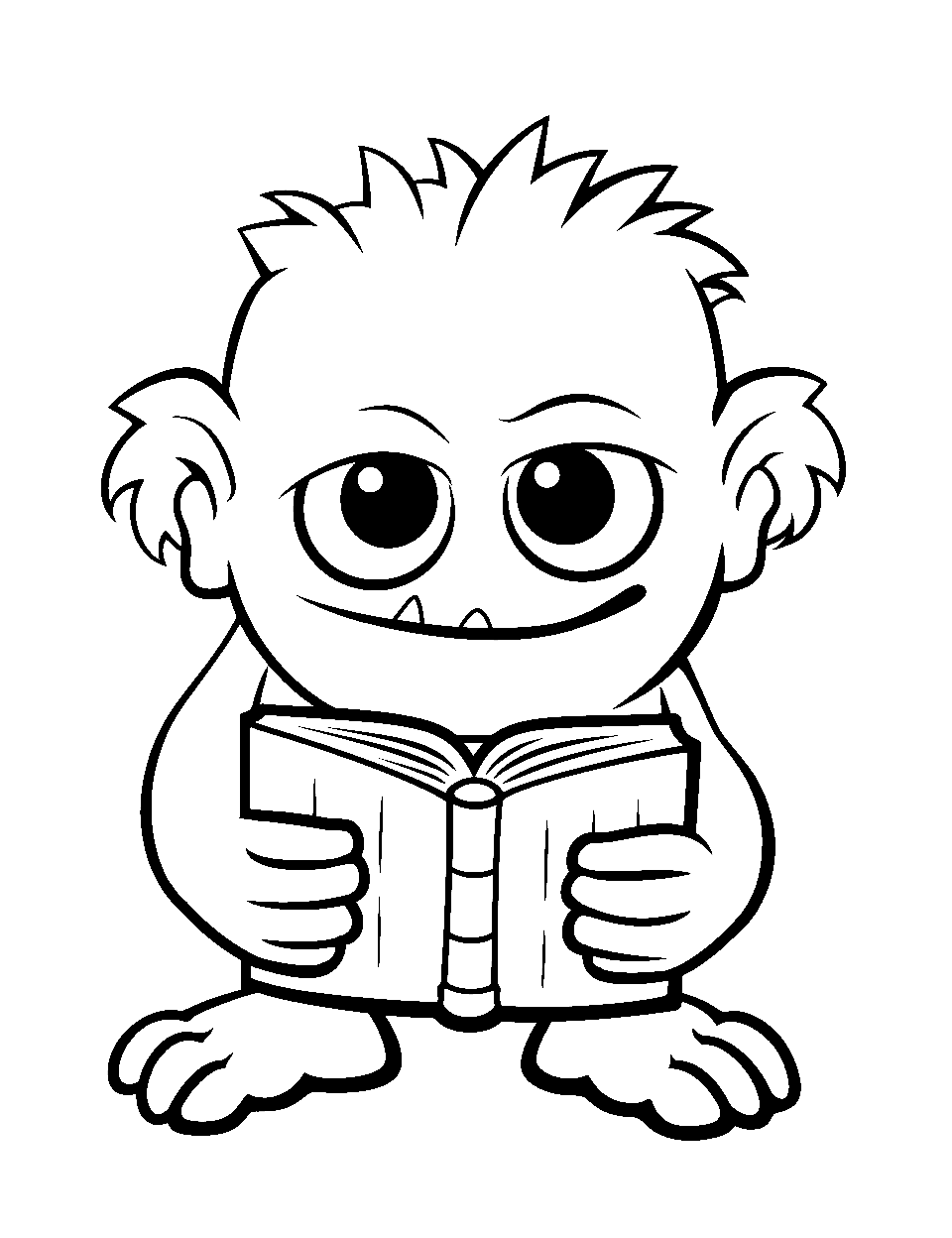 A Monster Reading Book Coloring Page - A monster standing quietly and reading a book.