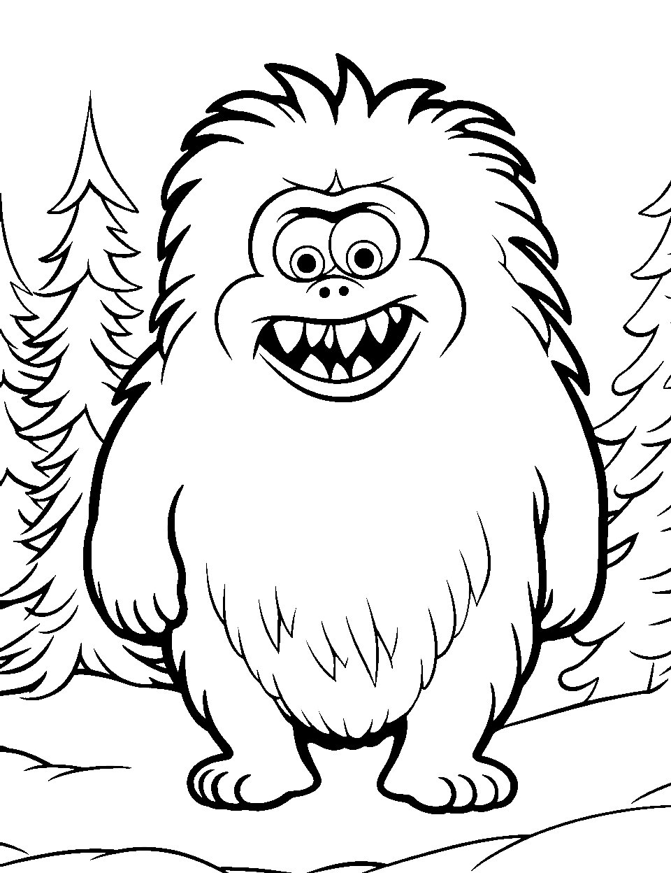 Winter Yeti in a Snowy Forest Monster Coloring Page - A fluffy yeti wandering through a snowy forest landscape.