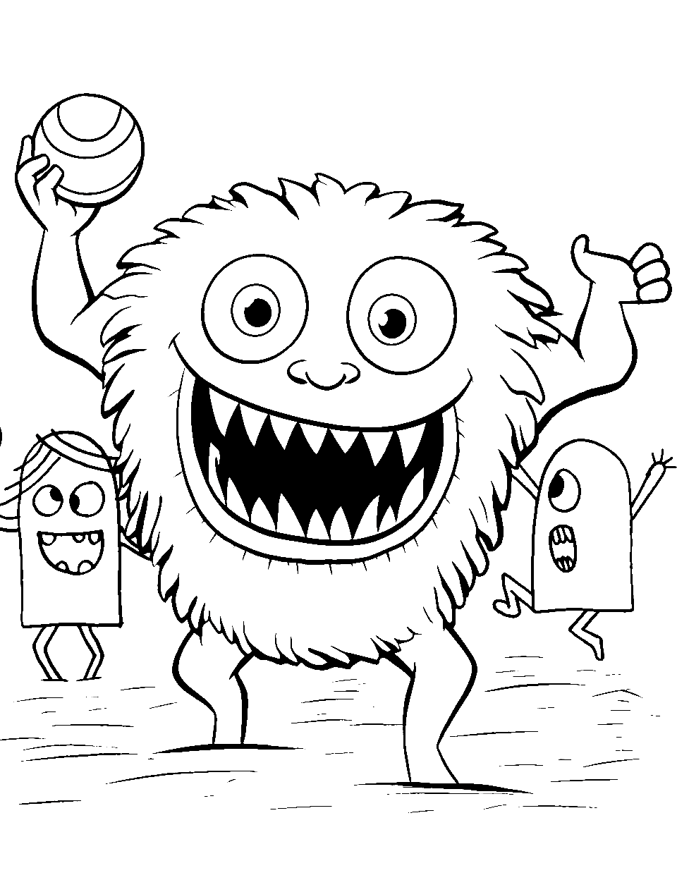 Monsters Playing Volleybal Monster Coloring Page - Energetic monsters playing volleyball on a beach.