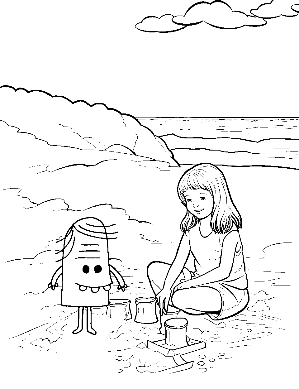 Monster Building a Sandcastle Coloring Page - A monster and a child working together to build a sandcastle at the beach.