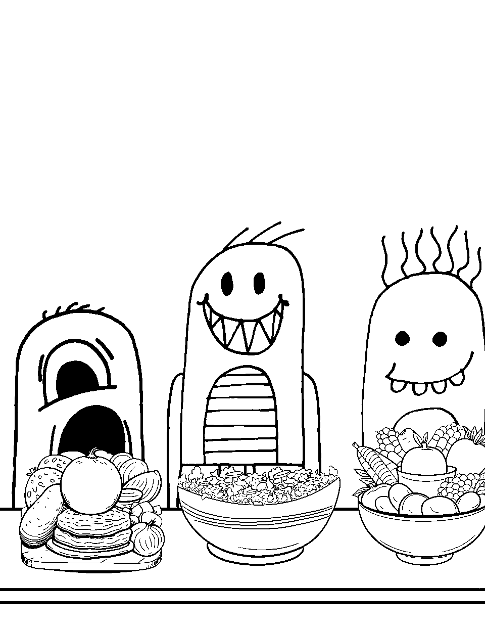 Monster Family Cooking Together Coloring Page - A monster family preparing a meal together in their kitchen.