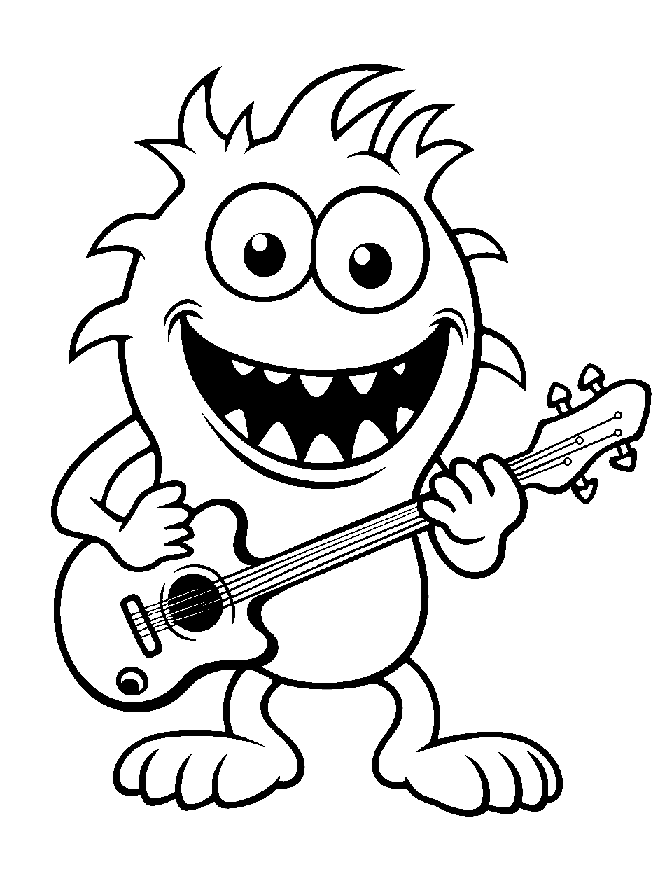 Monster Playing a Guitar Coloring Page - A cool monster strumming a guitar.