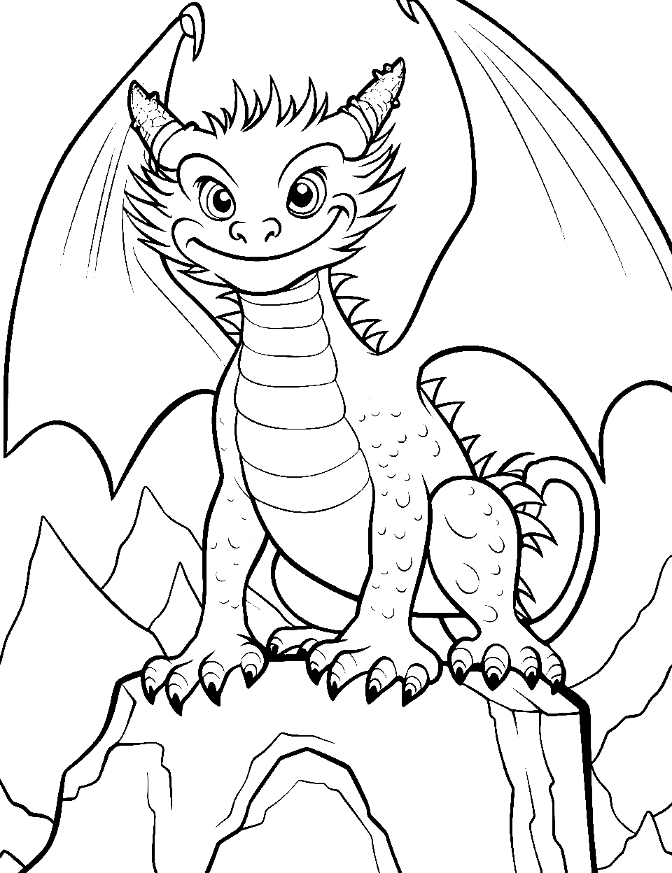 Realistic Dragon Perched on a Cliff Monster Coloring Page - A majestic dragon monster sitting atop a rocky cliff, overlooking a vast landscape.