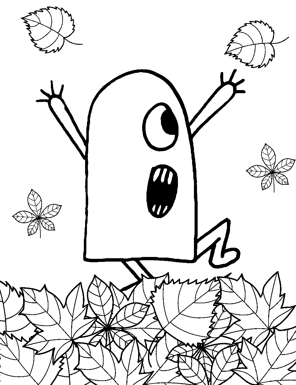 Monster Playing in Autumn Leaves Coloring Page - A joyful monster playing and jumping in a pile of fall leaves.