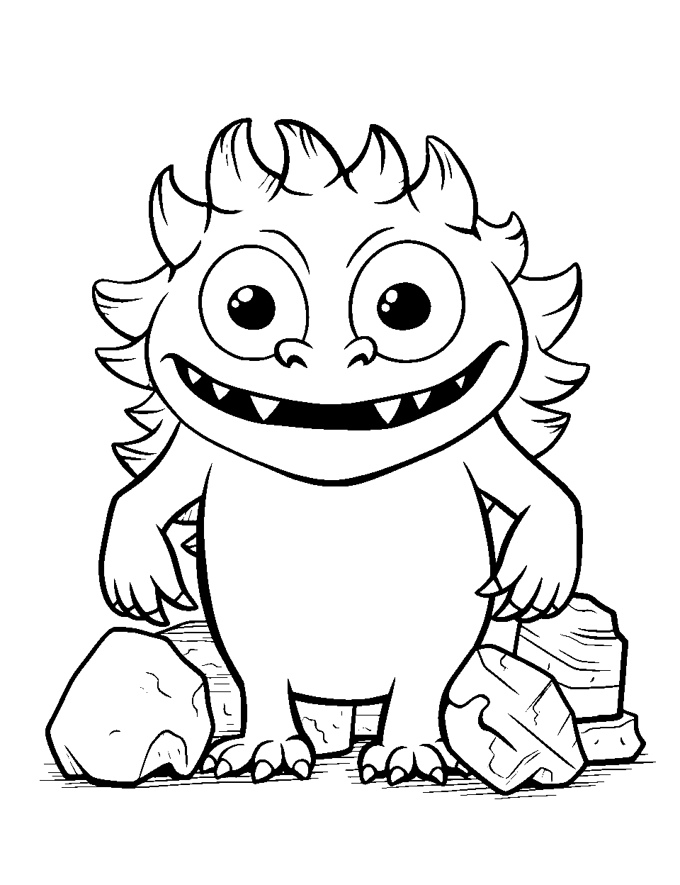 Monster with a Collection of Rocks Coloring Page - A curious monster standing with its collection of various rocks.