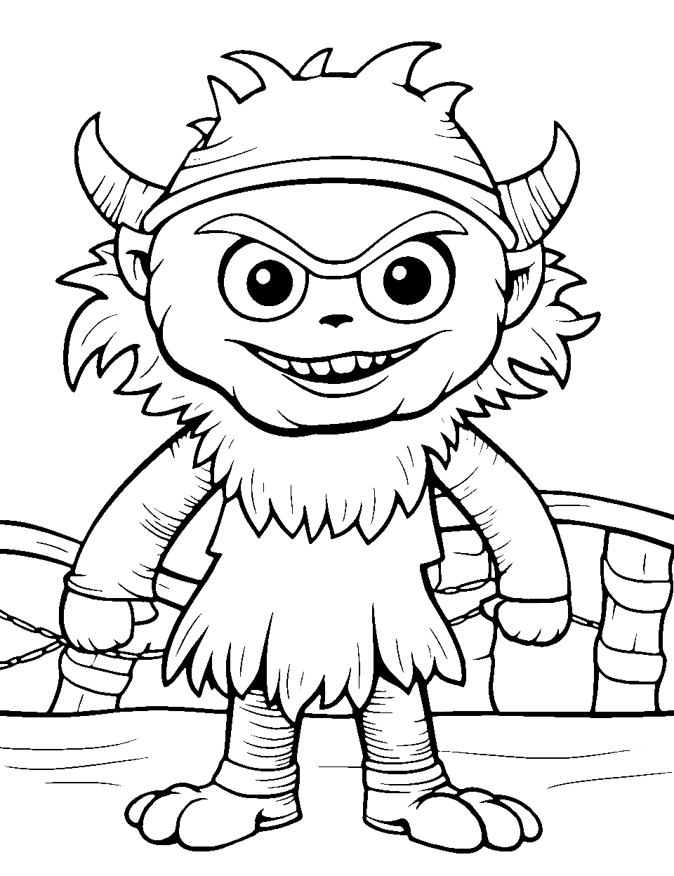 Monster on a Pirate Ship Coloring Page - A monster dressed as a pirate, standing on the deck of a pirate ship.