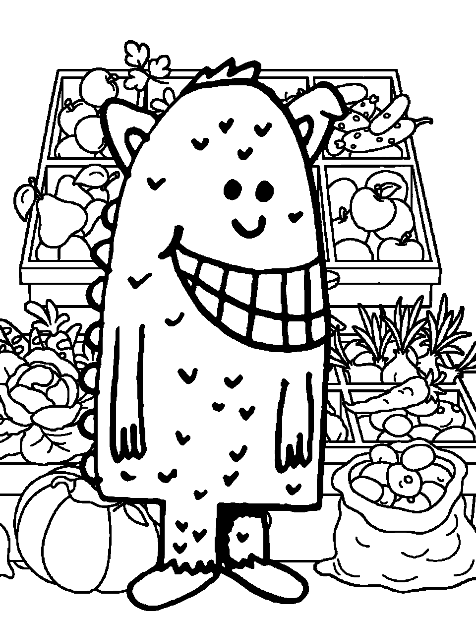 Monster at a Farmers Market Coloring Page - A monster shopping for fruits and vegetables at a farmers market.