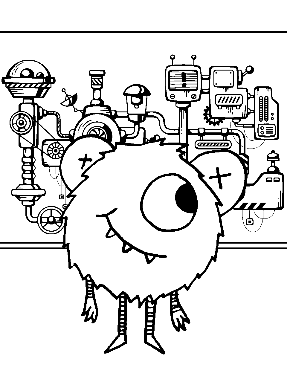 Monster at a Science Fair Coloring Page - A smart monster presenting a science project at a fair.