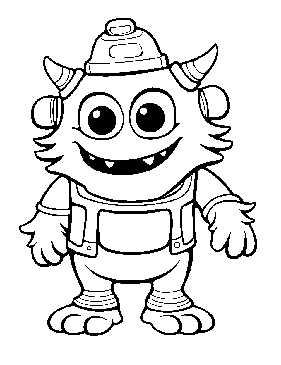 Monster as a Firefighter Coloring Page - A brave monster dressed as a firefighter, ready for action.