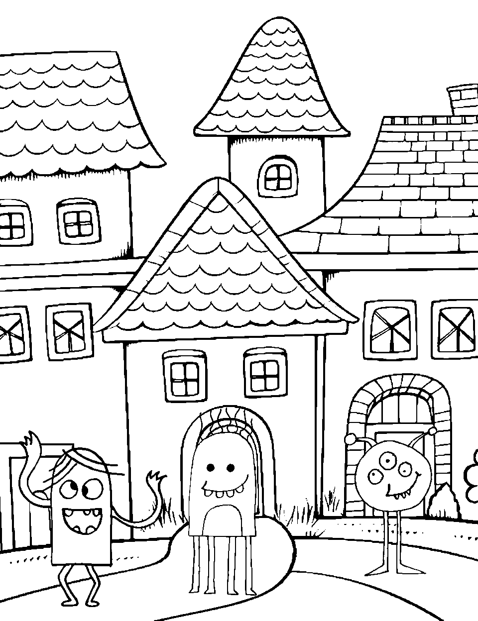 Halloween Monster Parade Coloring Page - Various monsters joyfully parading down a street during Halloween.