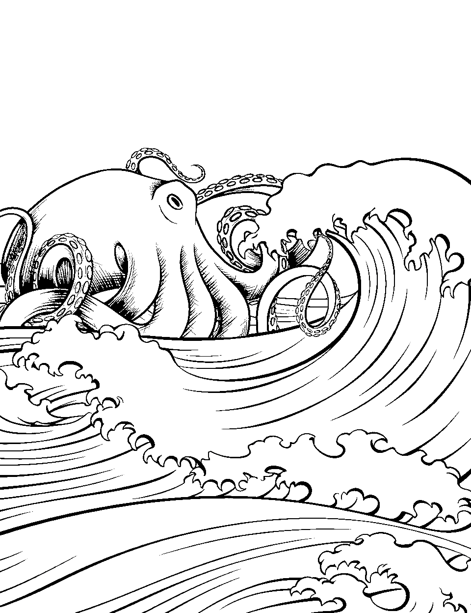 Detailed Kraken Emerging from the Sea Monster Coloring Page - A large, detailed kraken with tentacles rising from the ocean waves.