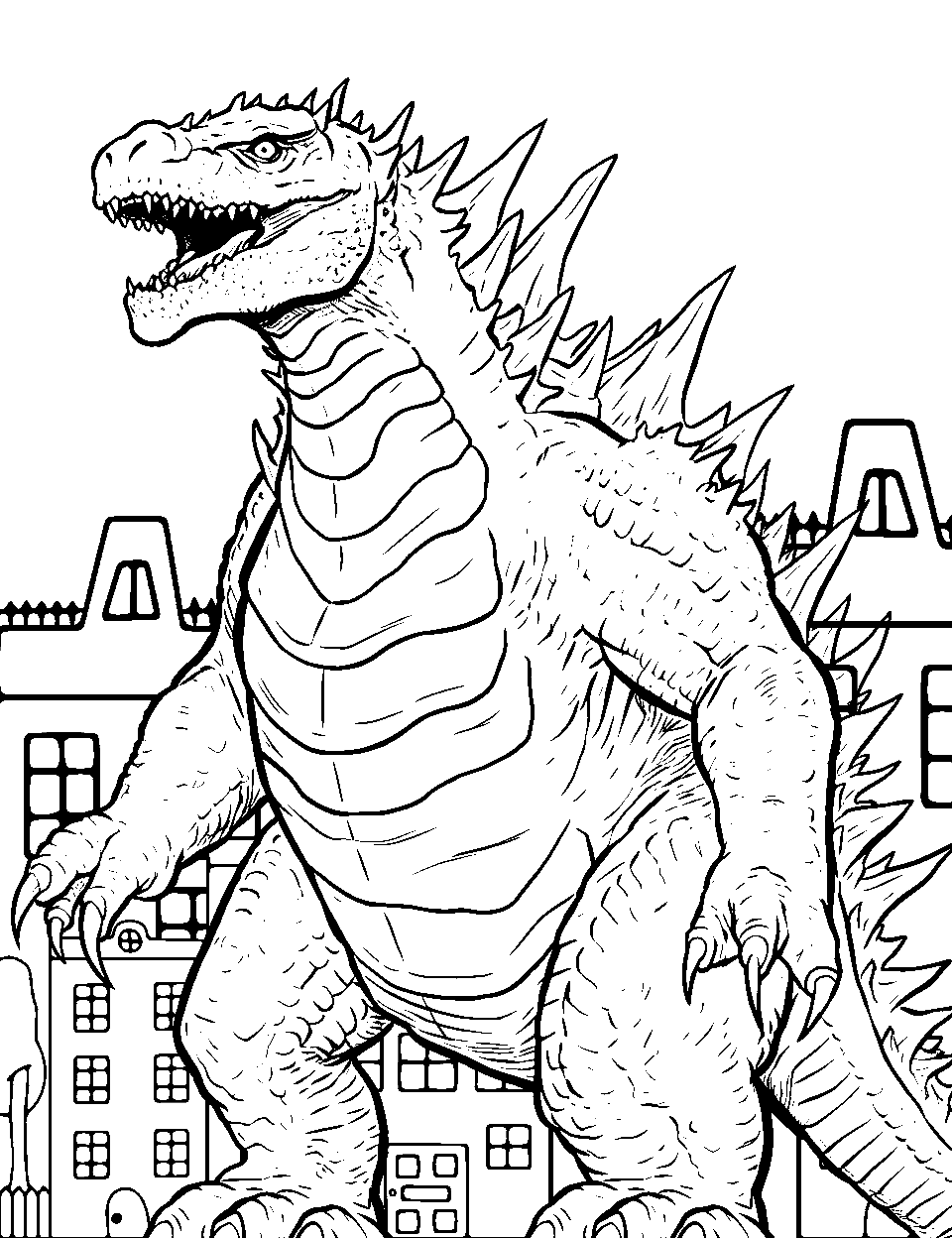 Godzilla Roaming the City Monster Coloring Page - Godzilla walking through a cityscape, with buildings surrounding it.