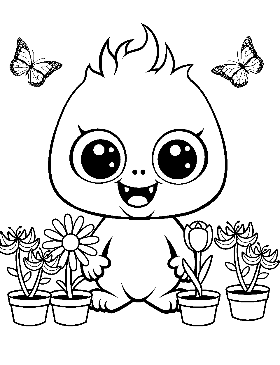 Kawaii Little Monster in a Garden Coloring Page - A small kawaii, cute monster among flowers and butterflies in a garden.