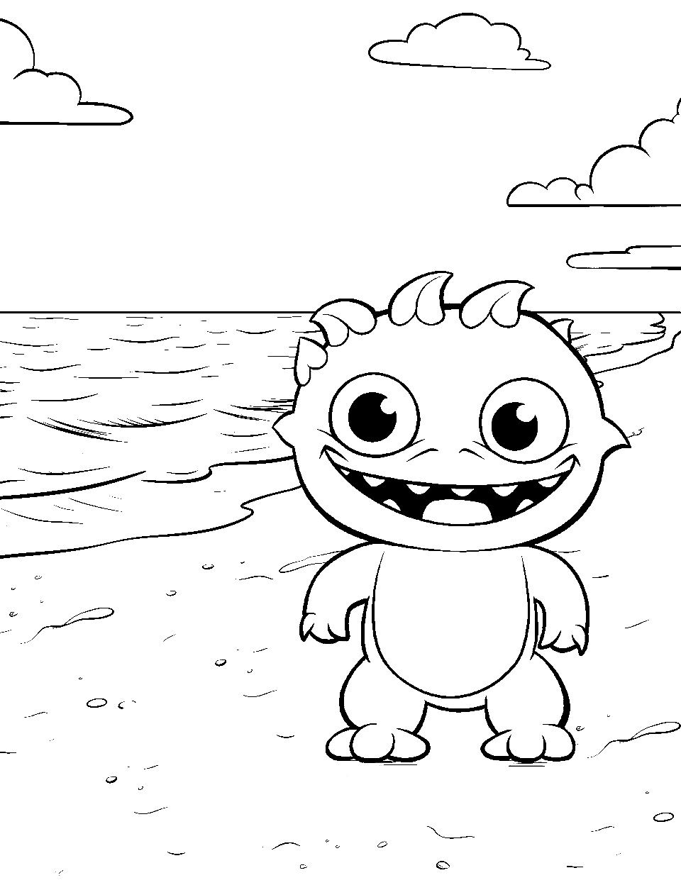 Adorable Sea Monster at the Beach Coloring Page - A friendly sea monster playing in the sand and waves at a beach.