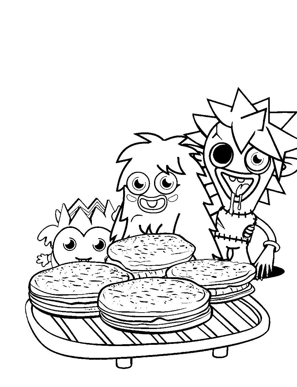 Moshi Monsters Having a Picnic Monster Coloring Page - A group of Moshi Monsters enjoying a picnic.