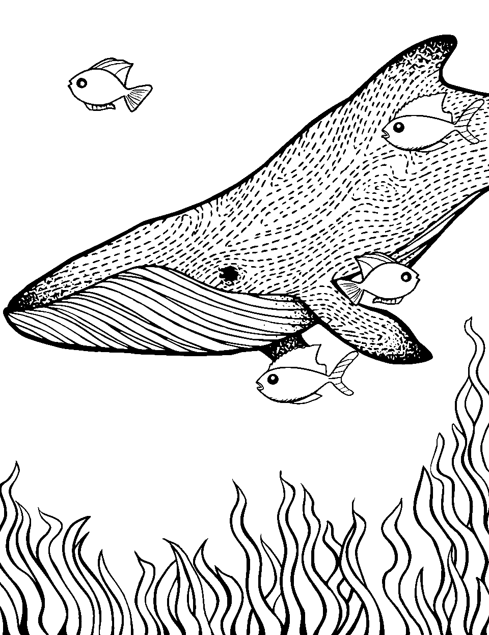 Realistic Whale Swimming Ocean Coloring Page - A large, detailed whale gently swimming in the ocean, with a few small fish nearby.