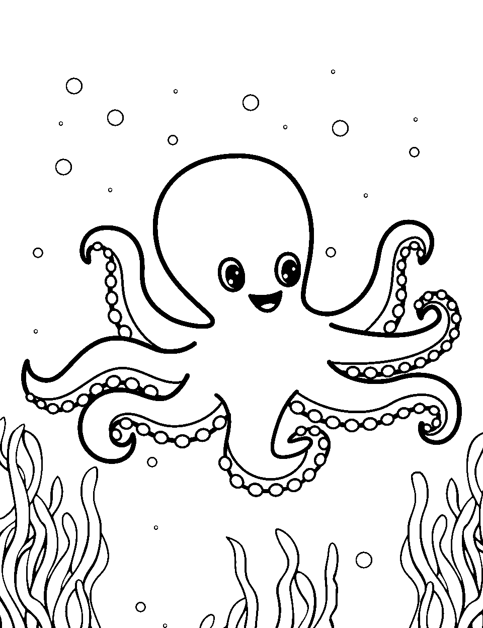Advanced Octopus Challenge Ocean Coloring Page - An octopus with its tentacles spread out, showing suction cups.