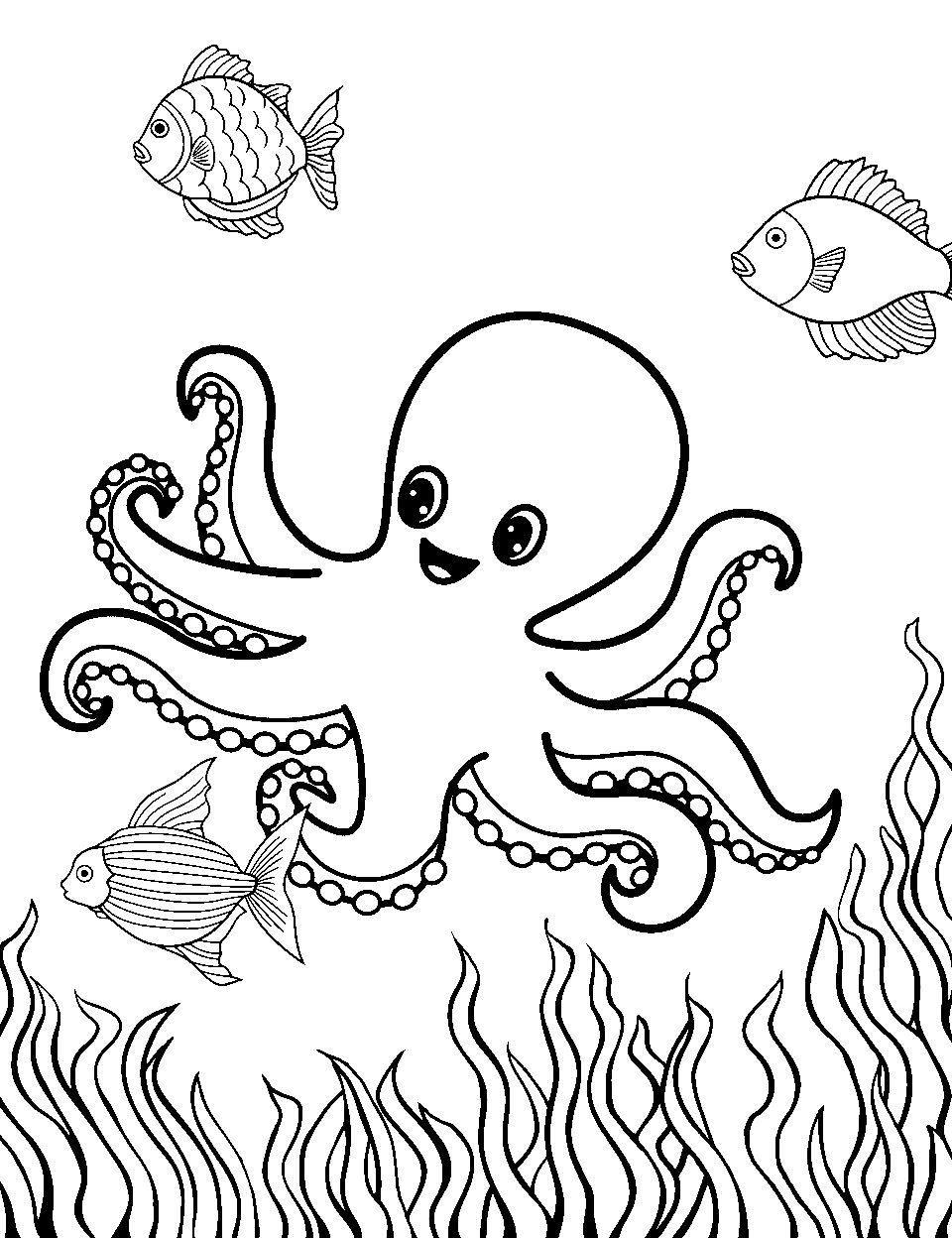 Octopus Garden Adventure Ocean Coloring Page - An octopus sitting in a garden of underwater plants.