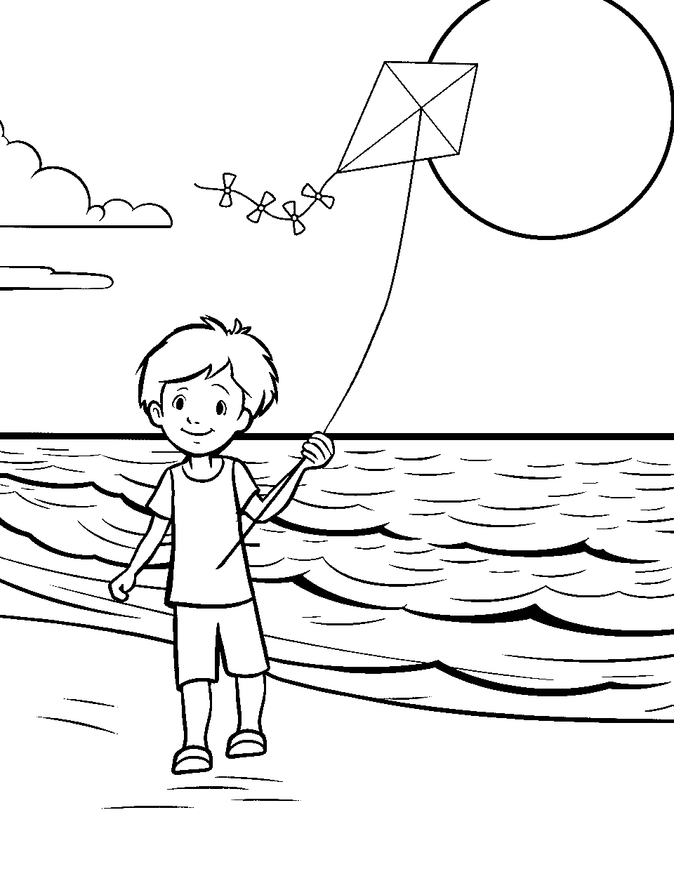 Summer Beach Fun Ocean Coloring Page - A sunny beach scene with waves, sand, and a kid flying a kite.