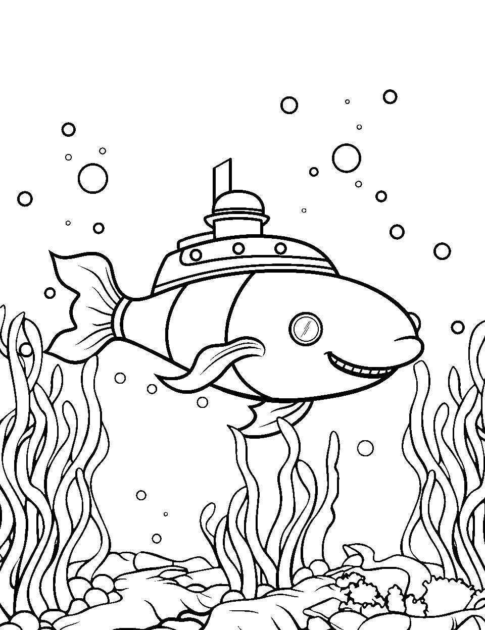 Fish Submarine Under the Sea Ocean Coloring Page - A submarine designed to look like a fish exploring the ocean depths.