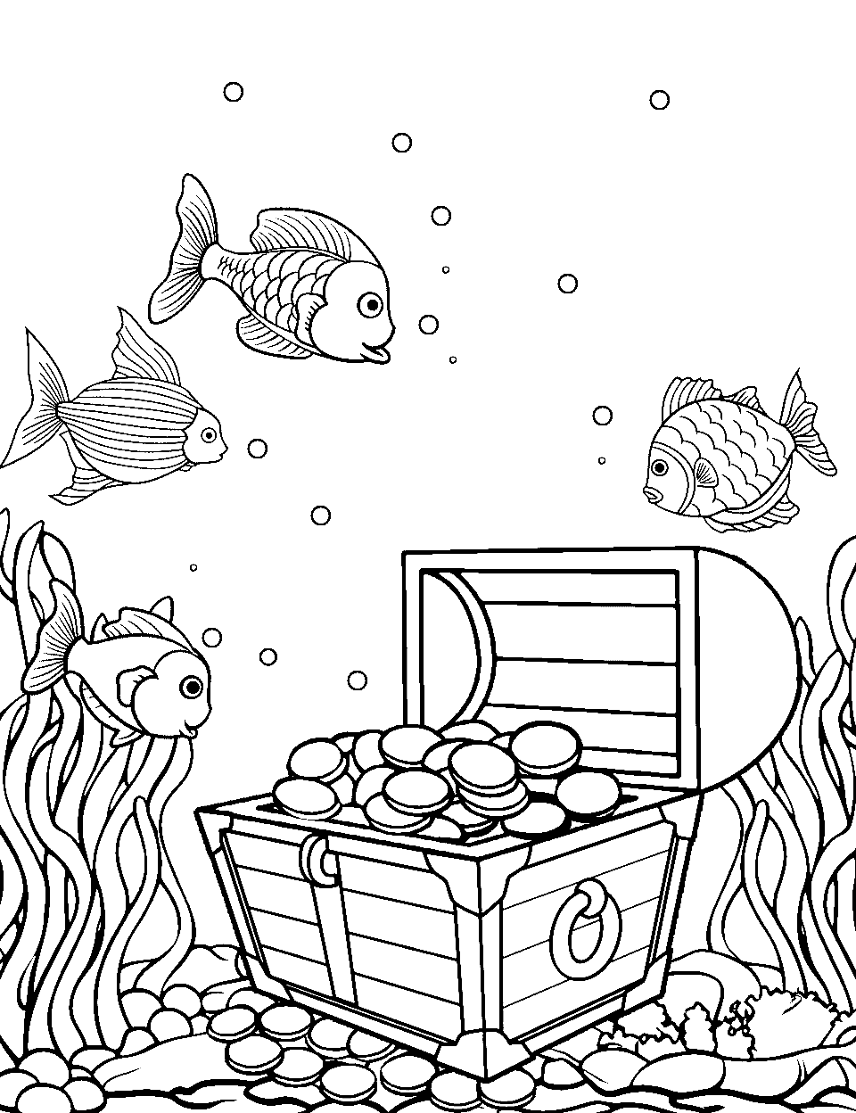 Treasure Chest Mystery Ocean Coloring Page - An open treasure chest on the sea bed, surrounded by curious fish.