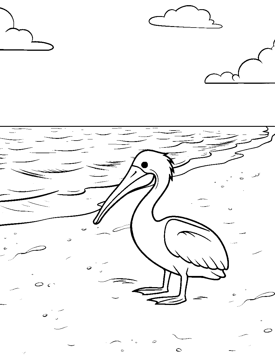 Pelican Standing on a Beach Ocean Coloring Page - A pelican standing on a beach after landing.