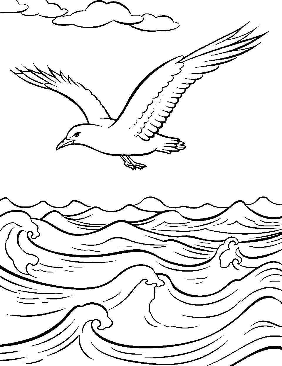 Seagull Soaring Above Waves Ocean Coloring Page - A seagull is flying high above the ocean waves.