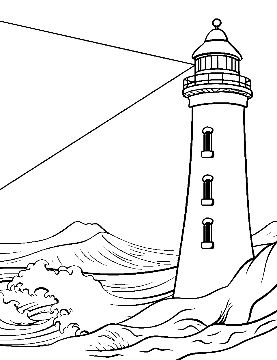 Lighthouse by the Sea Ocean Coloring Page - A tall lighthouse on a cliff with the ocean in the background.