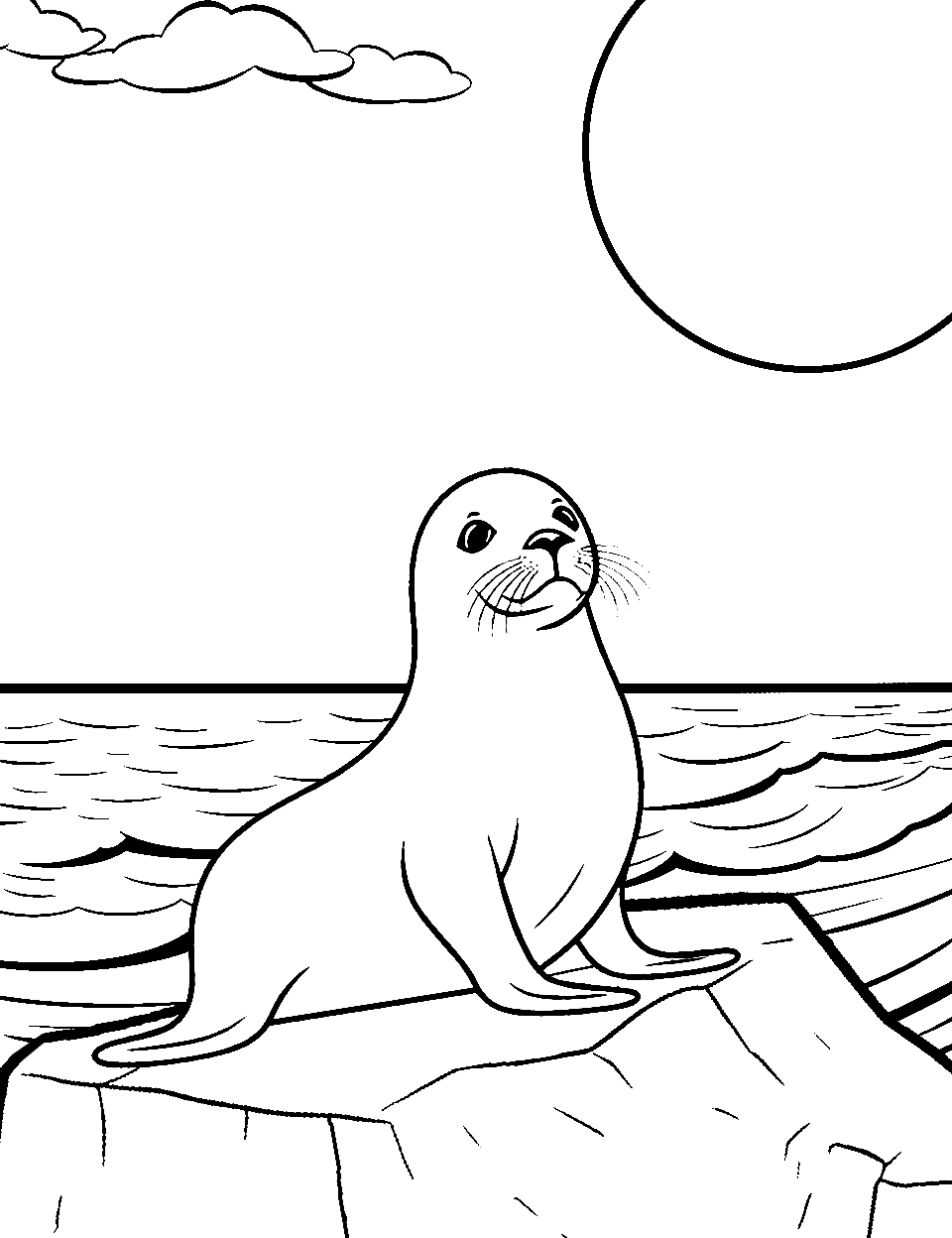 Sea Lion Sunbathing Ocean Coloring Page - A sea lion lounging on a rock with the ocean behind it.