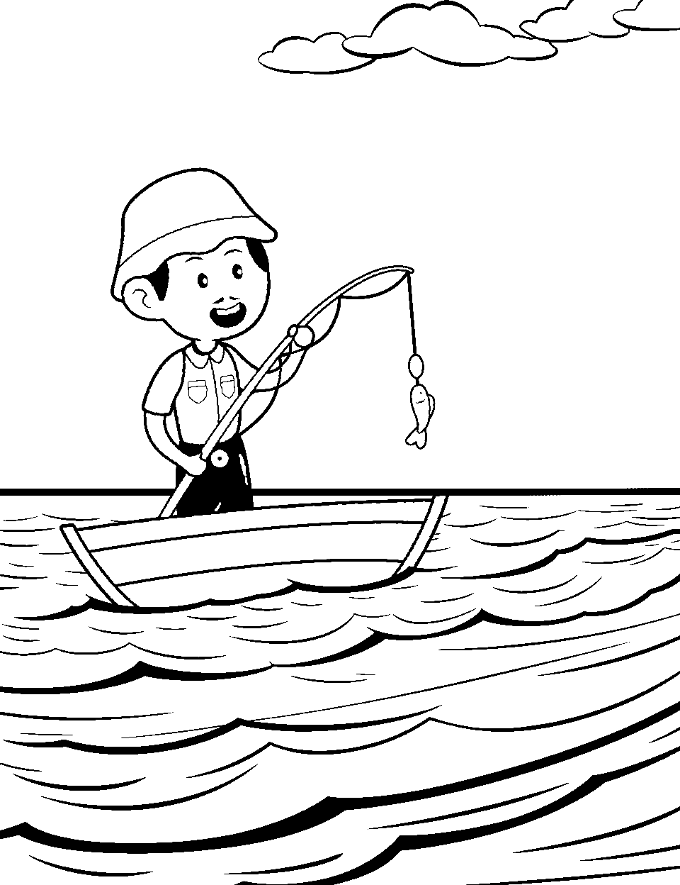 Fisherman in a Boat Ocean Coloring Page - A fisherman fishing in a small boat on a calm sea.