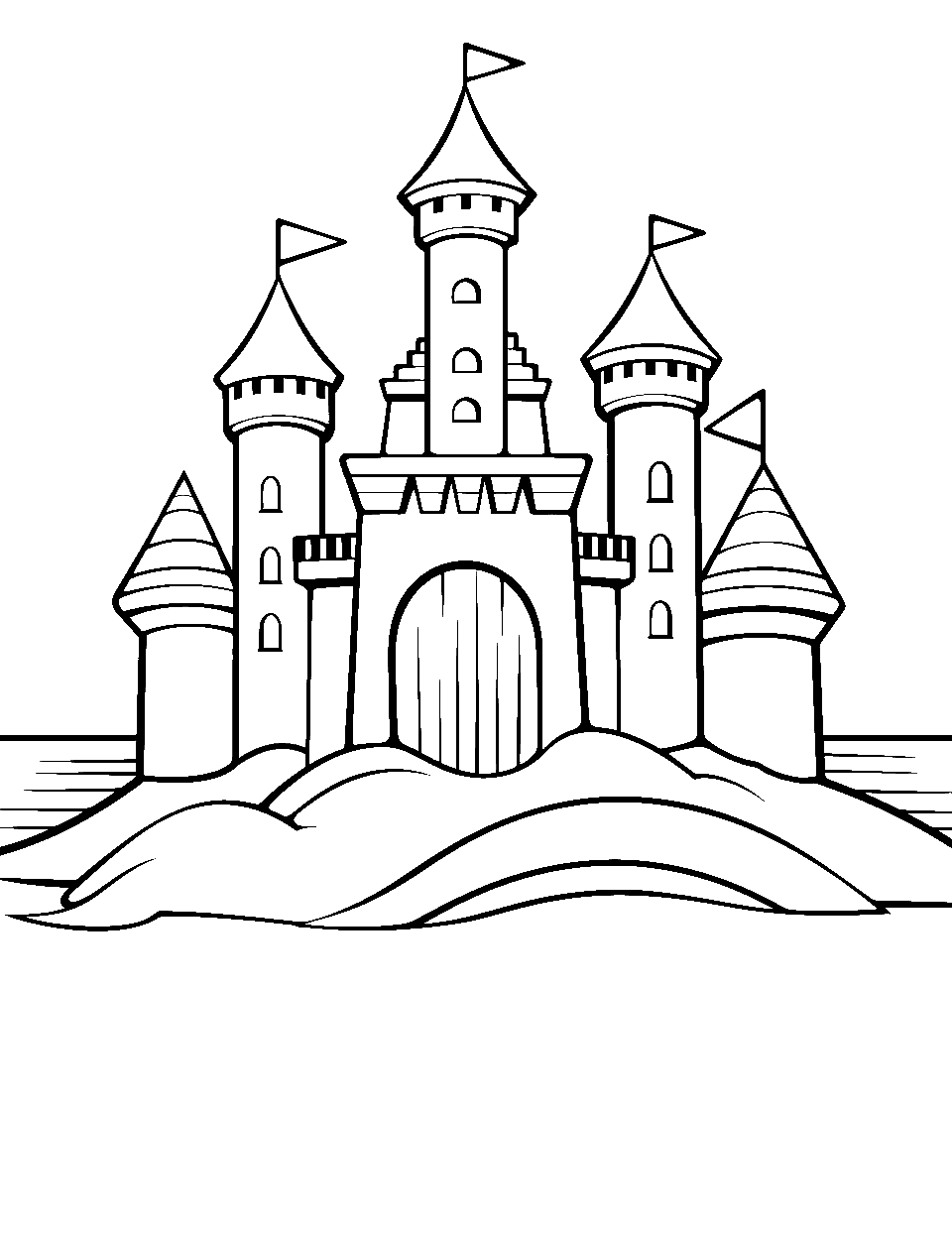 Sandcastle on the Beach Ocean Coloring Page - A detailed sandcastle on the shore, with the ocean in the background.