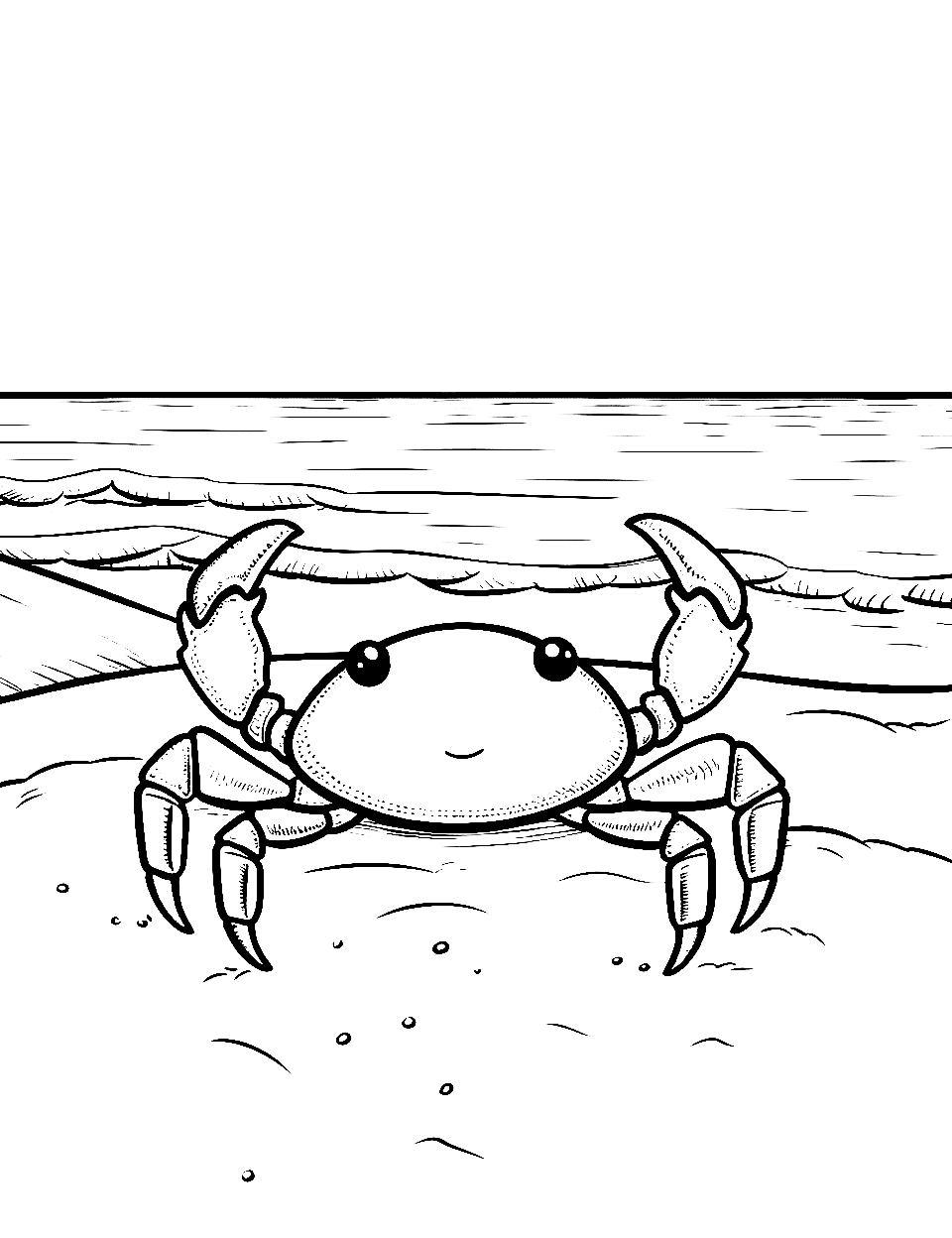 Crab Walking on the Shore Ocean Coloring Page - A crab walking on the sandy beach, with waves nearby.