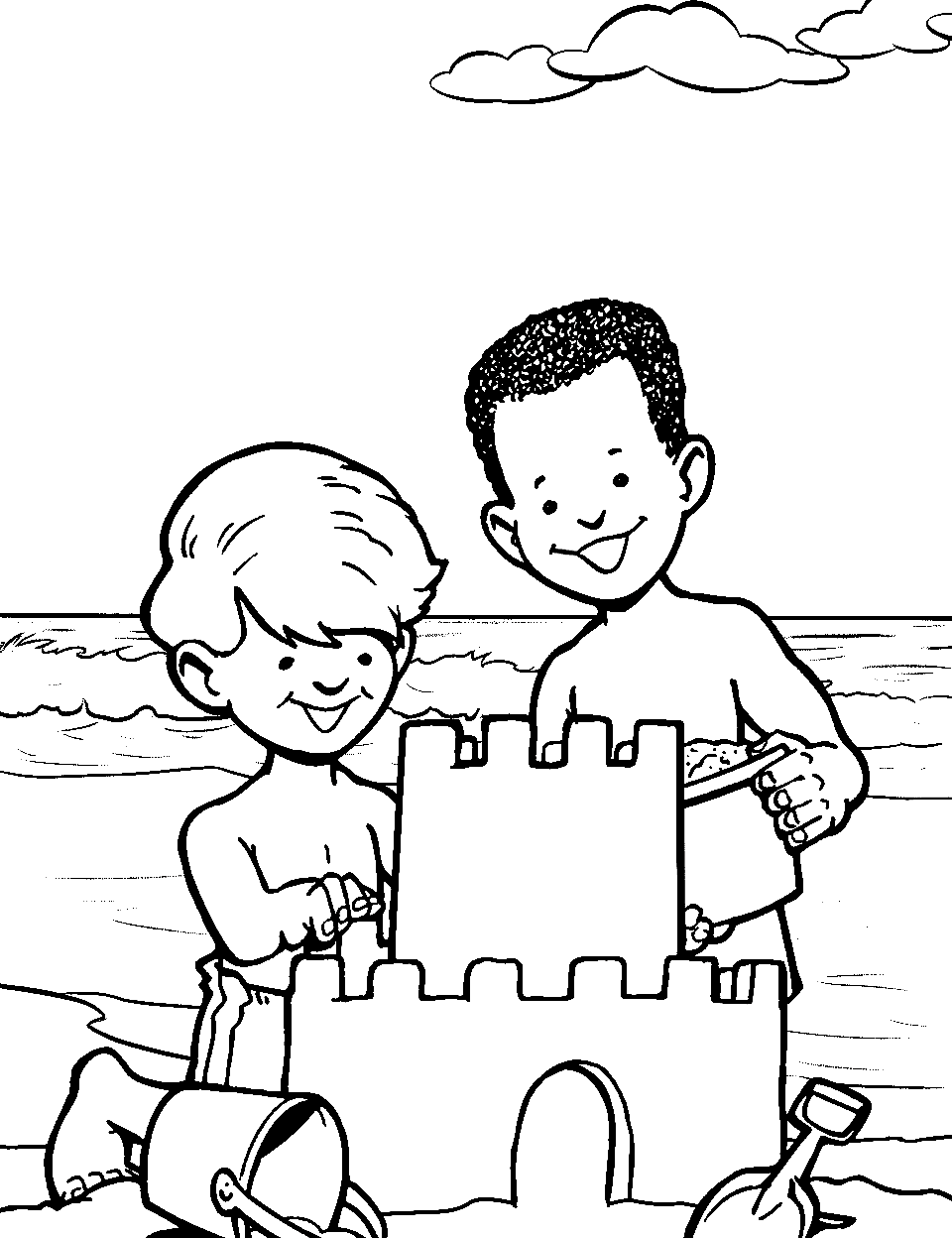 Kids Building a Sandcastle Ocean Coloring Page - Two kids building a sandcastle on the beach.