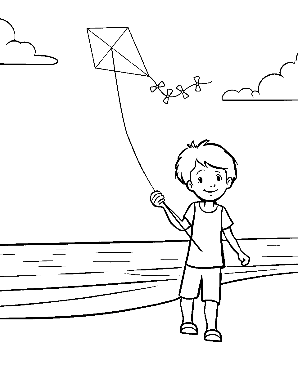 Flying Kite on the Beach Ocean Coloring Page - A child flying a kite on the beach, with the ocean in the background.