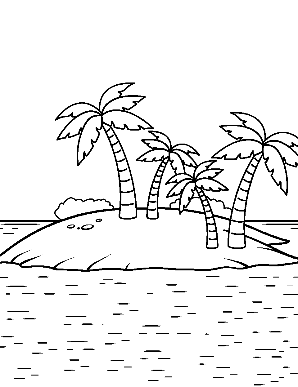Island Paradise Ocean Coloring Page - A small tropical island with palm trees and a beach.