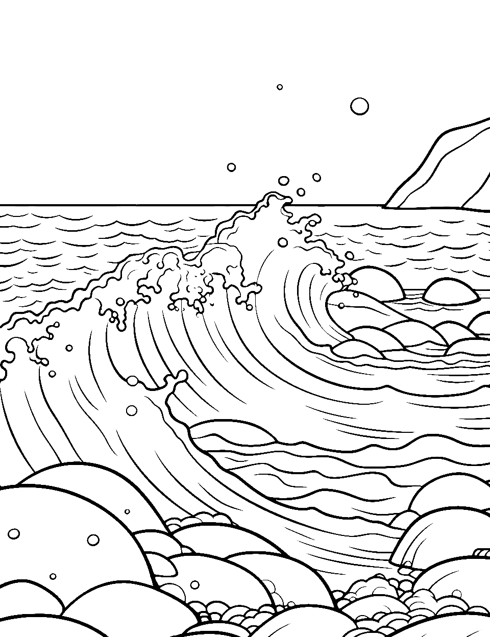 Ocean Waves Crashing on Rocks Coloring Page - Waves crashing against large rocks.
