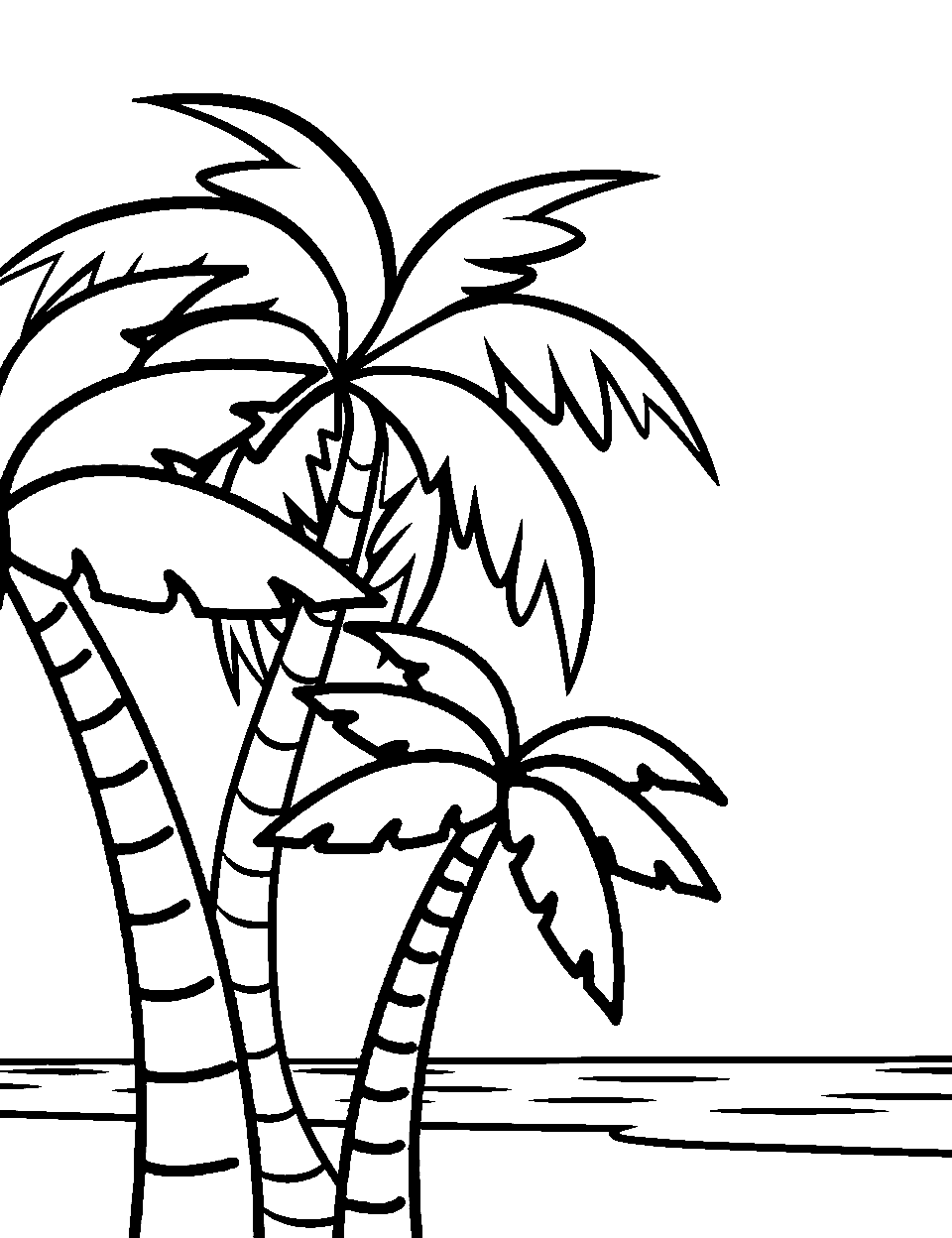 Palm Trees by the Shore Ocean Coloring Page - A few palm trees near the edge of the beach, with the ocean in the background.